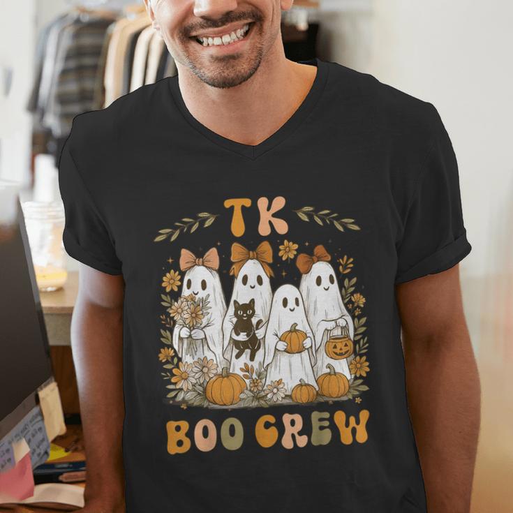 TK Boo Crew Preppy Halloween Floral Ghost TK Teacher Team TK Men's V-Neck T-Shirt, funny gift TK Boo Crew Preppy Halloween Floral Ghost TK Teacher Team TK Men's V-Neck T-Shirt, funny gift