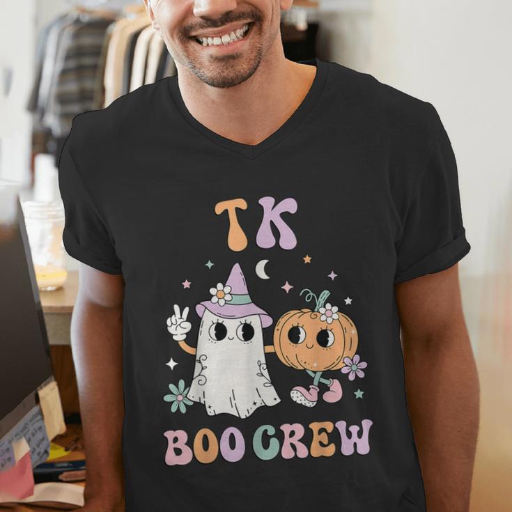 TK Boo Crew Retro Groovy Halloween Floral Ghost TK Teacher Men Women Kids Men's V-Neck T-Shirt, Groovy Teacher Shirts, funny gift