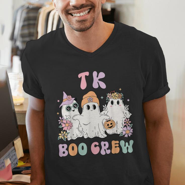 TK Boo Crew Retro Groovy Halloween Floral Ghost TK Teacher Men's V-Neck T-Shirt, Groovy Teacher Shirts, funny gift TK Boo Crew Retro Groovy Halloween Floral Ghost TK Teacher Men's V-Neck T-Shirt, Groovy Teacher Shirts, funny gift
