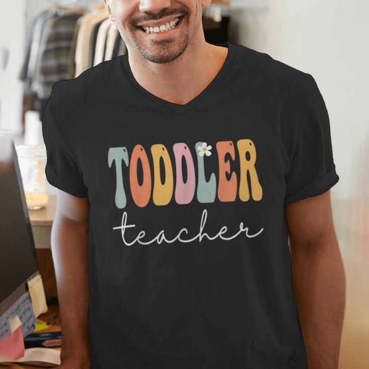 Toddler Teacher Retro Groovy Women Happy First Day Of School Men's V-Neck T-Shirt, Groovy Teacher Shirts, funny gift