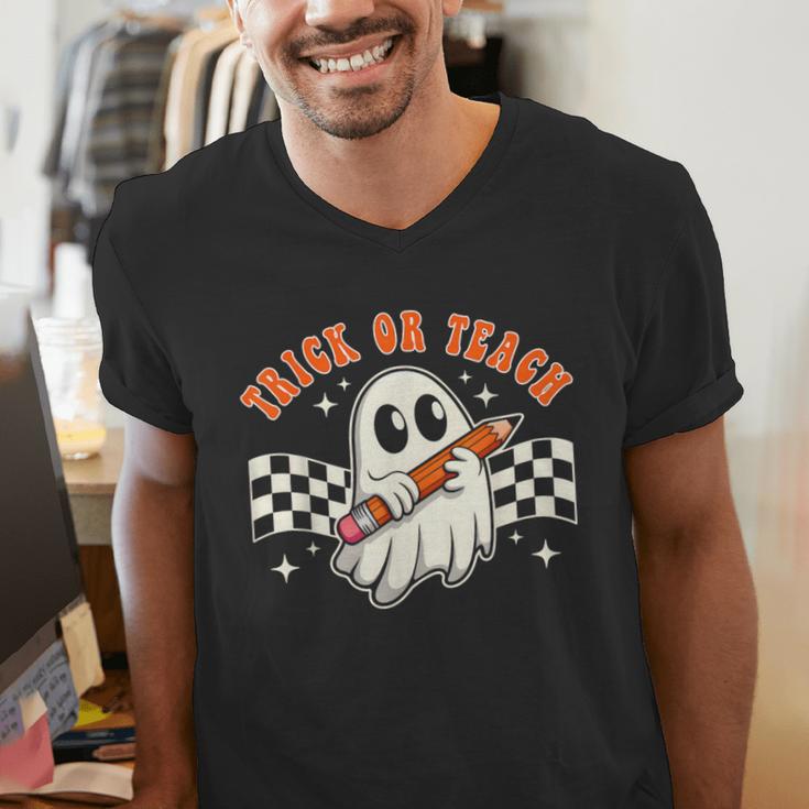 Trick Or Teach Groovy Retro Ghost Halloween Teacher Kids Men's V-Neck T-Shirt, Groovy Teacher Shirts, funny gift Trick Or Teach Groovy Retro Ghost Halloween Teacher Kids Men's V-Neck T-Shirt, Groovy Teacher Shirts, funny gift