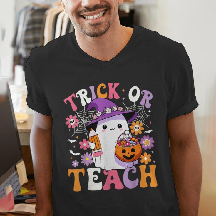 Trick Or Teach Groovy Teacher Ghost Halloween Teacher Men's V-Neck T-Shirt, Groovy Teacher Shirts, funny gift Trick Or Teach Groovy Teacher Ghost Halloween Teacher Men's V-Neck T-Shirt, Groovy Teacher Shirts, funny gift