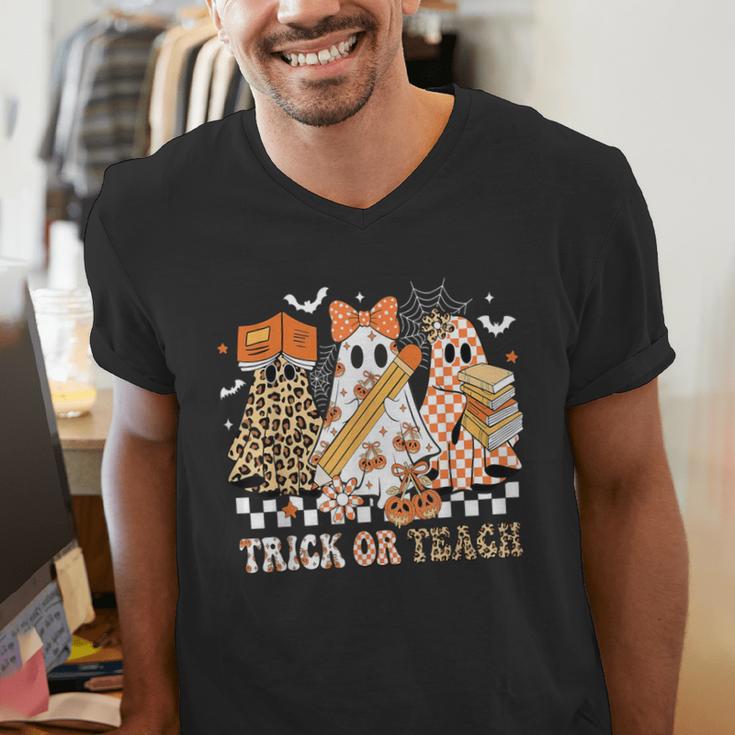 Trick Or Teach Groovy Teacher Halloween Floral Ghost Men's V-Neck T-Shirt, Groovy Teacher Shirts, funny gift Trick Or Teach Groovy Teacher Halloween Floral Ghost Men's V-Neck T-Shirt, Groovy Teacher Shirts, funny gift
