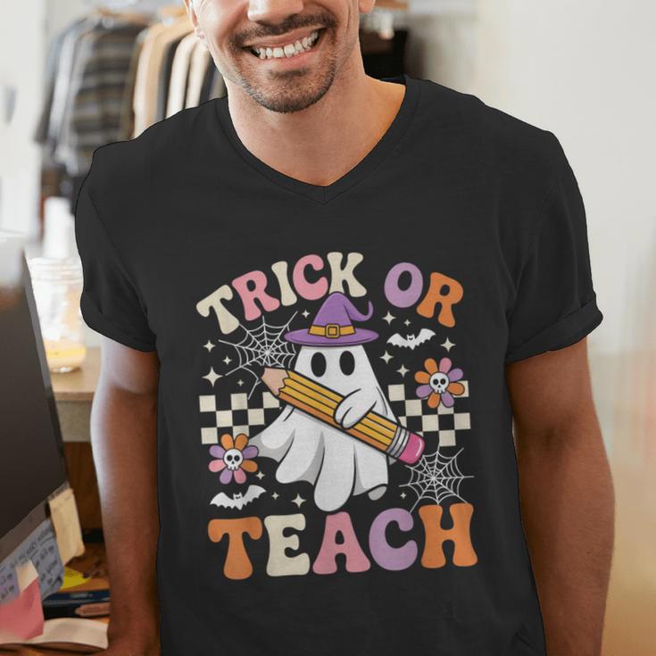 Trick Or Teach Groovy Teacher Halloween Retro Ghost Men's V-Neck T-Shirt, Groovy Teacher Shirts, funny gift Trick Or Teach Groovy Teacher Halloween Retro Ghost Men's V-Neck T-Shirt, Groovy Teacher Shirts, funny gift