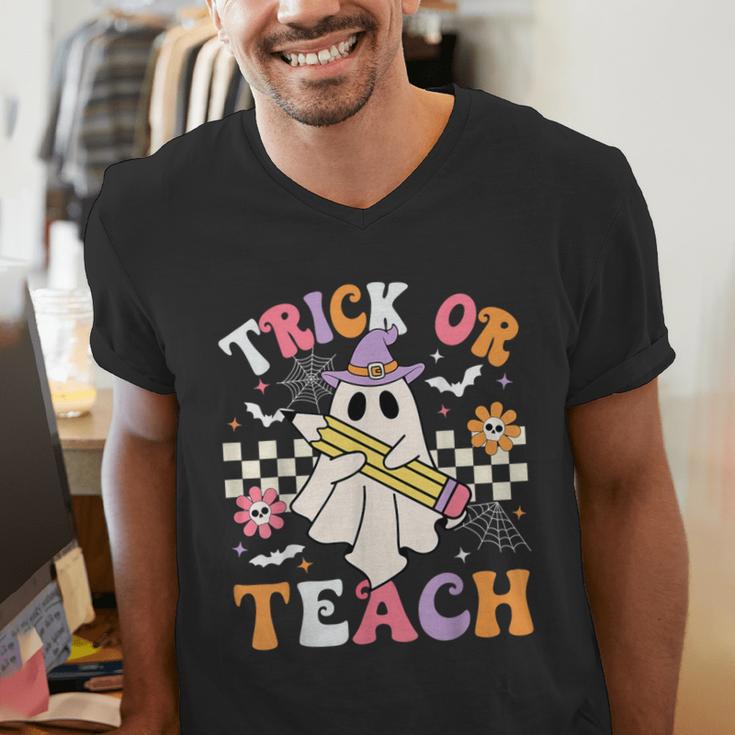 Trick Or Teach Groovy Teacher Halloween Retro Teacher Ghost Men's V-Neck T-Shirt, Groovy Teacher Shirts, funny gift
