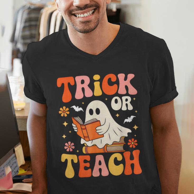 Trick Or Teach Halloween Shirt For Teacher Kids Floral Ghost Men's V-Neck T-Shirt, funny gift Trick Or Teach Halloween Shirt For Teacher Kids Floral Ghost Men's V-Neck T-Shirt, funny gift