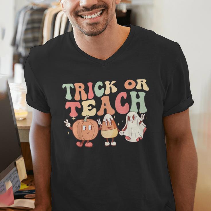 Trick Or Teach Pumpkin Candy Corn Ghost Halloween Teacher Men's V-Neck T-Shirt, funny gift Trick Or Teach Pumpkin Candy Corn Ghost Halloween Teacher Men's V-Neck T-Shirt, funny gift