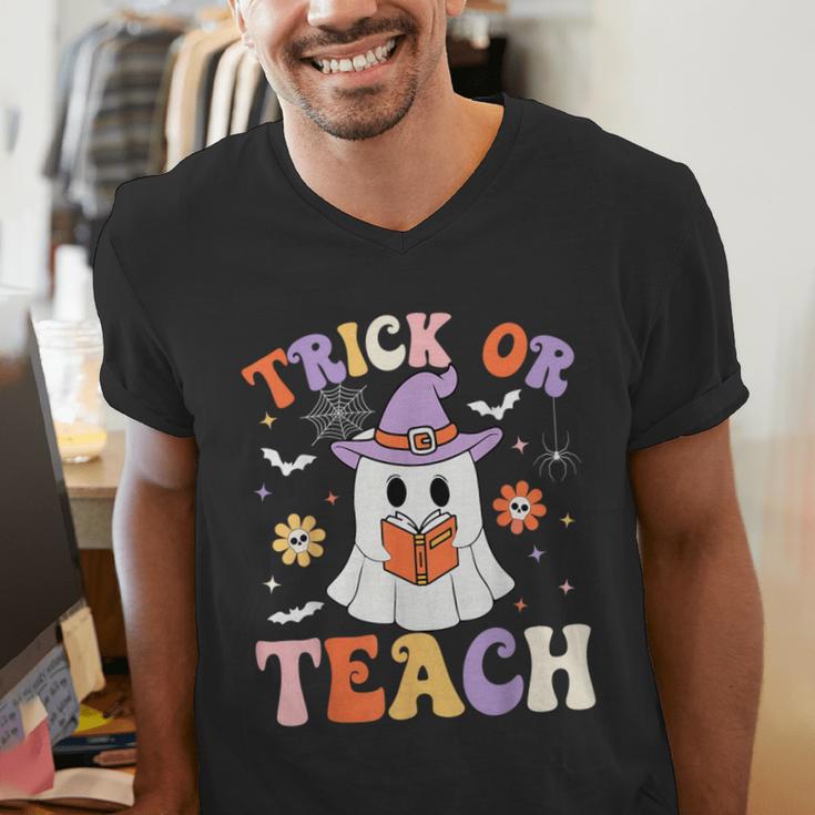 Trick Or Teach Teacher Groovy Ghost Halloween Teacher Men's V-Neck T-Shirt, Groovy Teacher Shirts, funny gift