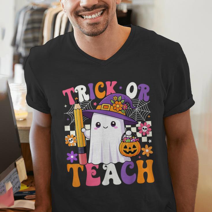 Trick Or Teach Teacher Pencil Ghost Halloween Teacher Men's V-Neck T-Shirt, funny gift Trick Or Teach Teacher Pencil Ghost Halloween Teacher Men's V-Neck T-Shirt, funny gift