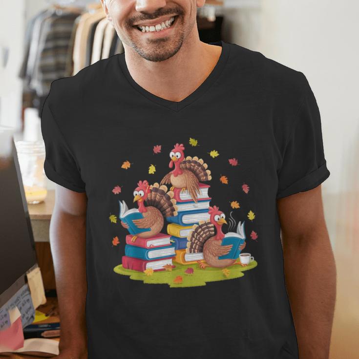 Turkey Reading Books Fall Season Thanksgiving Teacher Book Men's V-Neck T-Shirt, funny gift