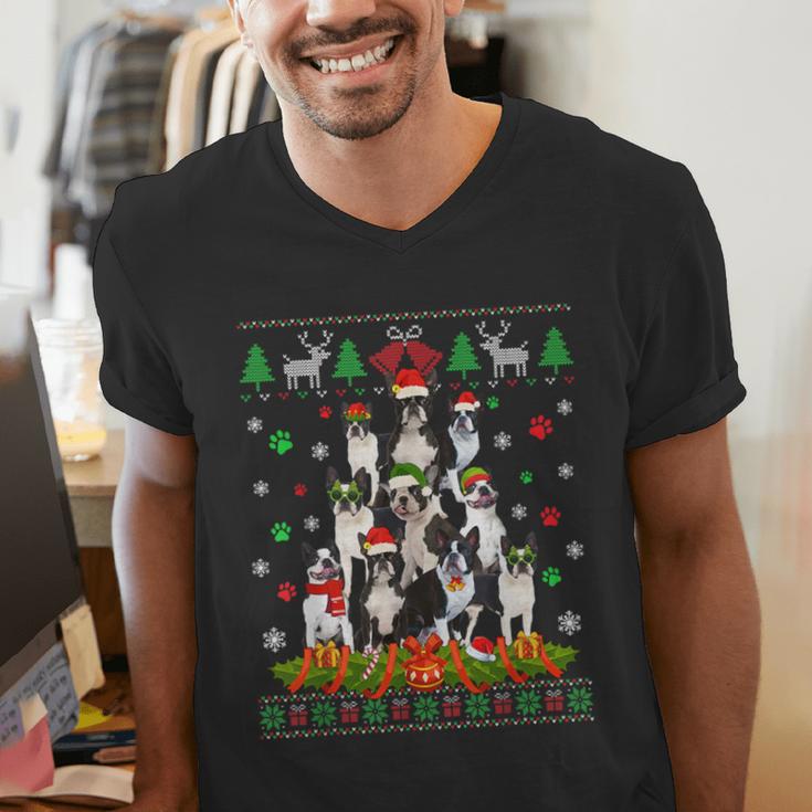 Ugly Sweater Christmas Tree Boston Terrier Dog Xmas Pajama Men's V-Neck T-Shirt, Boston Terrier Christmas Shirts, funny gift