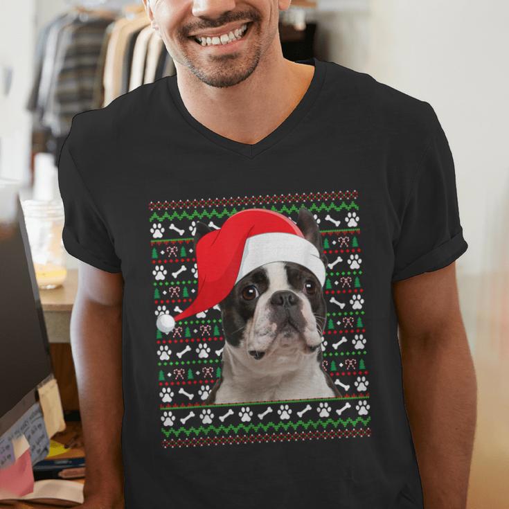 Ugly Xmas Sweater Santa Boston Terrier Dog Christmas For Men Women Kids Men's V-Neck T-Shirt, Boston Terrier Christmas Shirts, funny gift