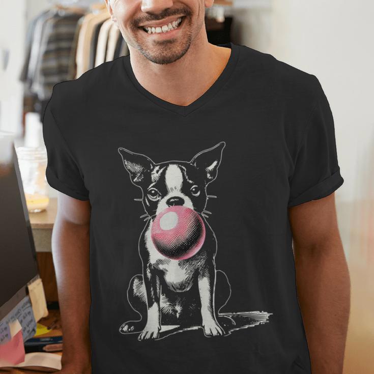 Vintage Boston Terrier Blowing Bubble Gum American Gentleman Men's V-Neck T-Shirt, American Boston Terrier Shirts, funny gift