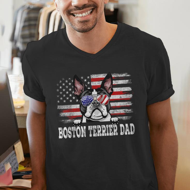 Vintage Boston Terrier Dad American Flag Father's Day Men's V-Neck T-Shirt, Boston Terrier Dad Shirts, American Boston Terrier Shirts, funny gift