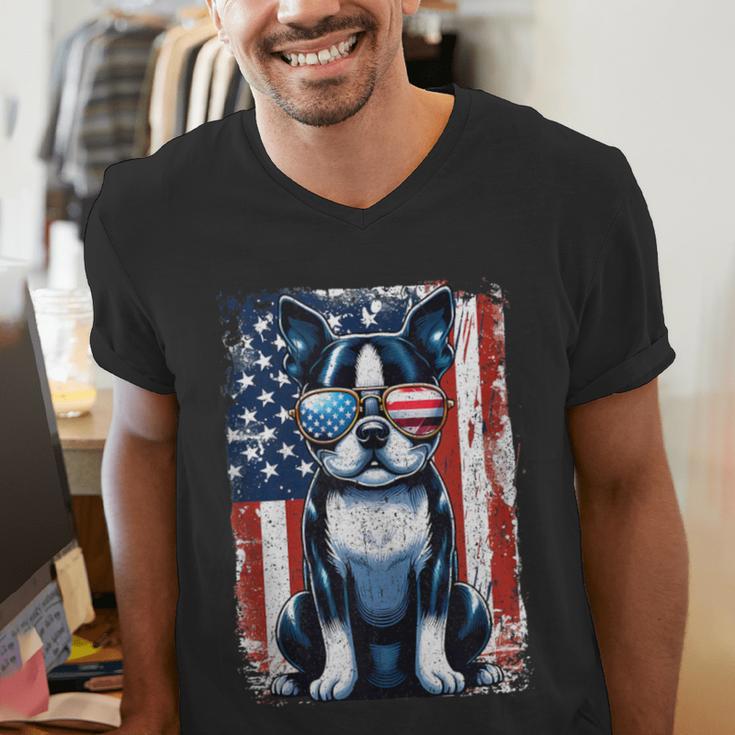 Vintage Boston Terrier Dog American USA US Flag Pets Lovers Men's V-Neck T-Shirt, American Boston Terrier Shirts, funny gift