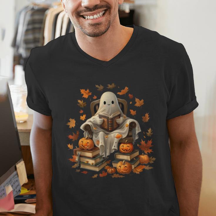 Vintage Ghost Book Reading Pumpkin Gothic Halloween Teachers Men Women Kids Men's V-Neck T-Shirt, funny gift
