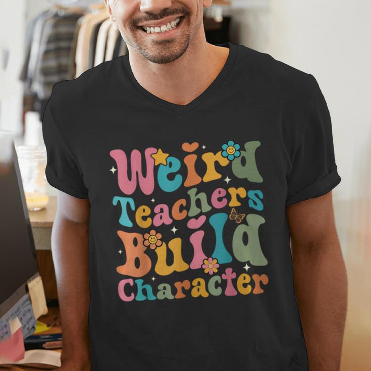 Vintage Teacher Sayings Weird Teachers Build Character For Men Women Men's V-Neck T-Shirt, funny gift