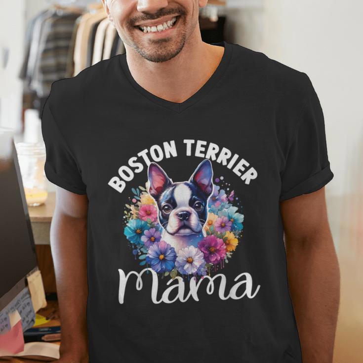 Watercolor Floral Boston Terrier Mama Dog Lover Mother's Day For Men Women Girls Kids Men's V-Neck T-Shirt, funny gift
