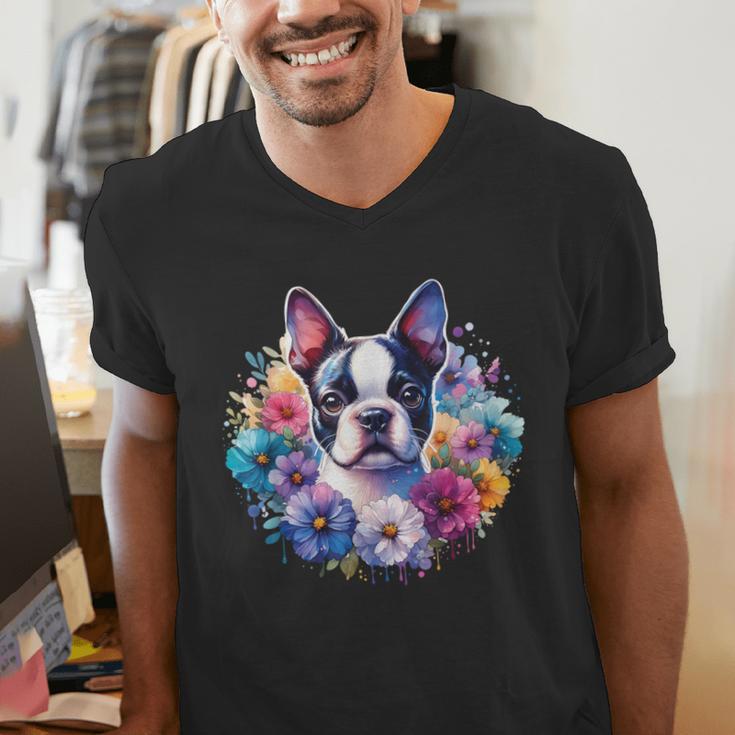 Watercolor Floral Boston Terrier Mama Dog Lover Mother's Day Men's V-Neck T-Shirt, funny gift