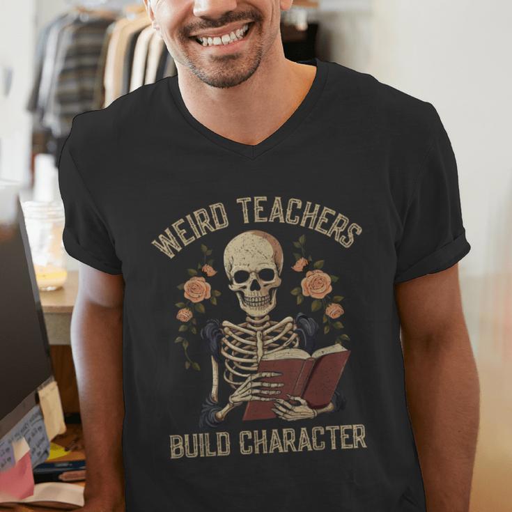 Weird Teachers Build Character Skeleton Book Halloween Women Men's V-Neck T-Shirt, funny gift Weird Teachers Build Character Skeleton Book Halloween Women Men's V-Neck T-Shirt, funny gift