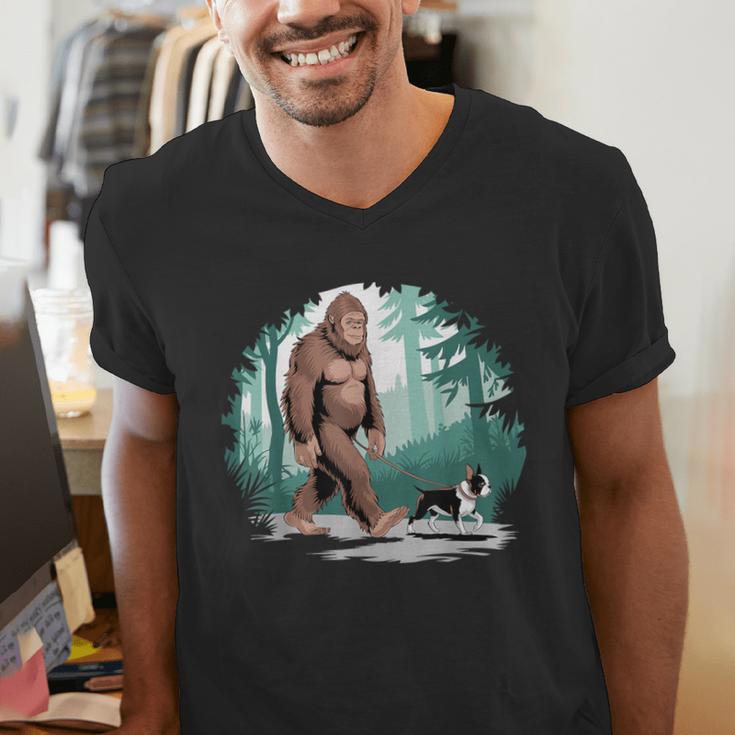 Whimsical Forest Adventures Sasquatch Bigfoot Walking Boston Terrier Dog Lovers Men's V-Neck T-Shirt, funny gift