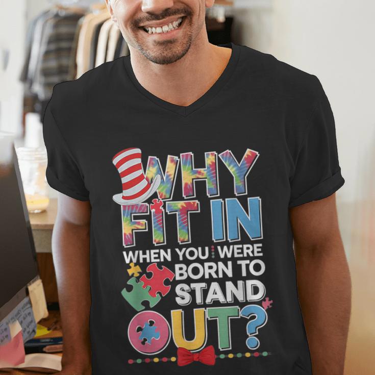 Why Fit In Doctor Teacher Cat In Hat Cool Autism Awareness Men Women Kids Men's V-Neck T-Shirt, funny gift