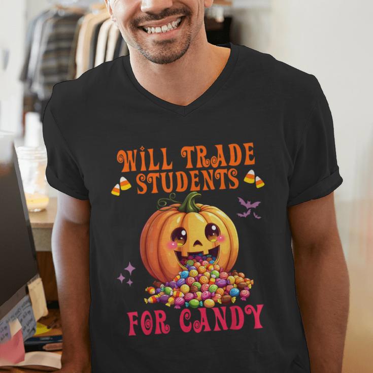 Will Trade Students For Candy Teacher Cute Halloween Pumpkin Men's V-Neck T-Shirt, funny gift Will Trade Students For Candy Teacher Cute Halloween Pumpkin Men's V-Neck T-Shirt, funny gift