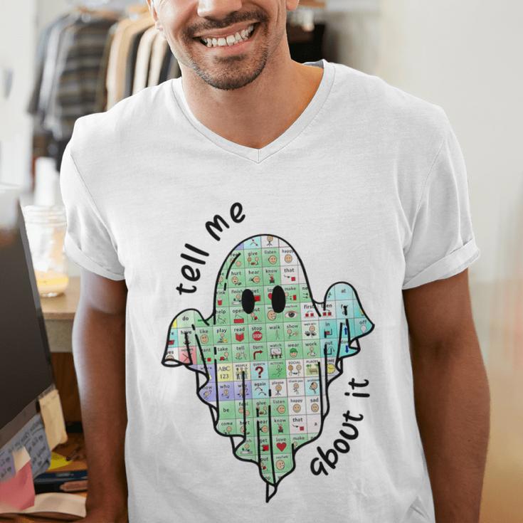 AAC Ghost Tell Me About It Speech Pathology AAC Sped Teacher Men's V-Neck T-Shirt, funny gift AAC Ghost Tell Me About It Speech Pathology AAC Sped Teacher Men's V-Neck T-Shirt, funny gift