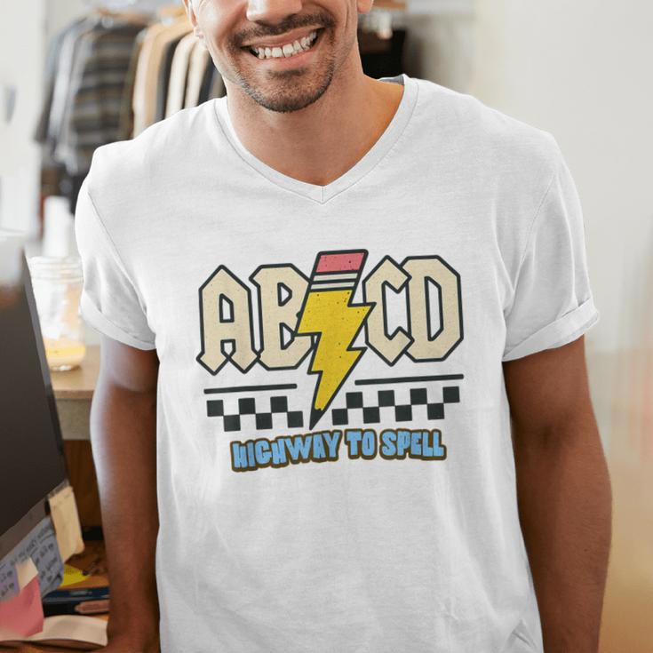 ABCD Highway To Spell Pencil Teacher & Student Font Me Men's V-Neck T-Shirt, funny gift ABCD Highway To Spell Pencil Teacher & Student Font Me Men's V-Neck T-Shirt, funny gift