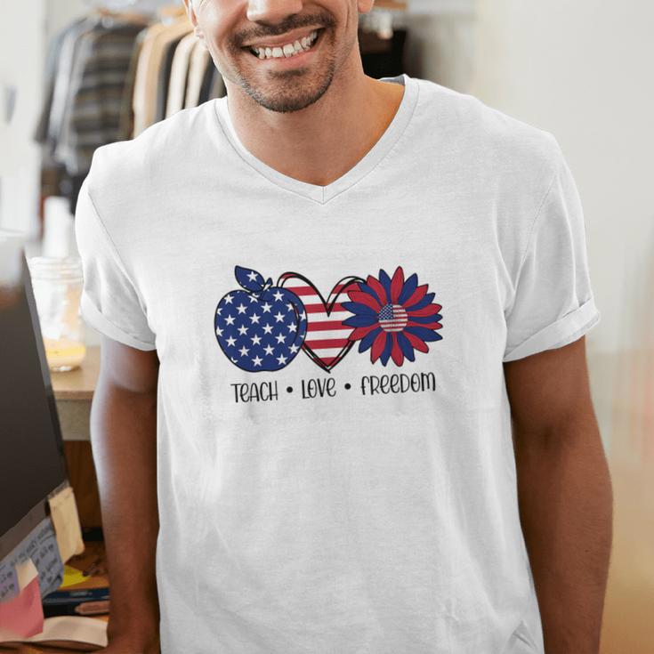 American Flag Teach Love Freedom Preschool Teacher 4th July Men's V-Neck T-Shirt, funny gift American Flag Teach Love Freedom Preschool Teacher 4th July Men's V-Neck T-Shirt, funny gift