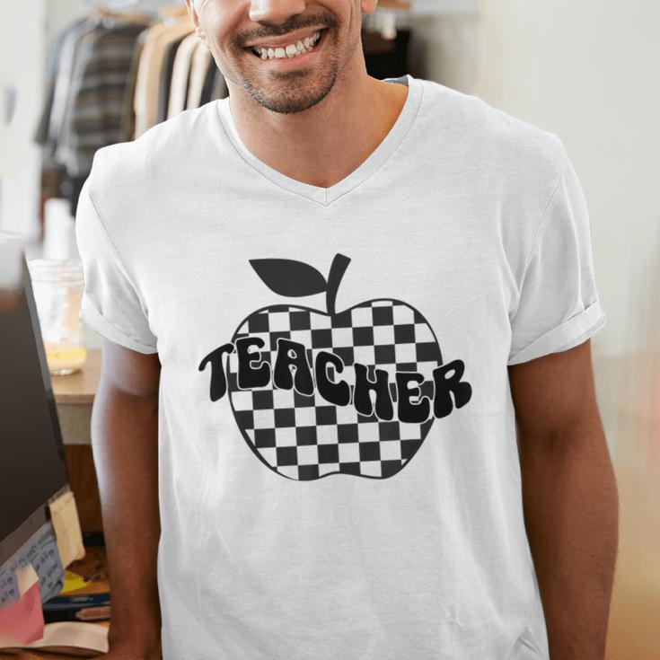 Back To School Checkered Apple Teacher Checkerboard Teacher For Men Women Girls Kids Men's V-Neck T-Shirt, funny gift