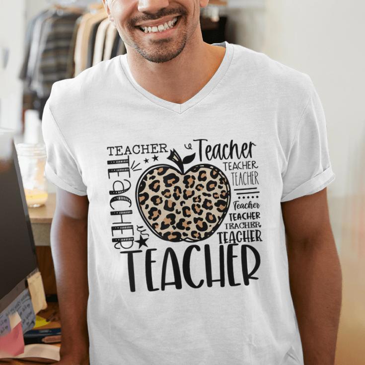 Back To School Teacher Life Apple Leopard Teacher Women Men's V-Neck T-Shirt, funny gift