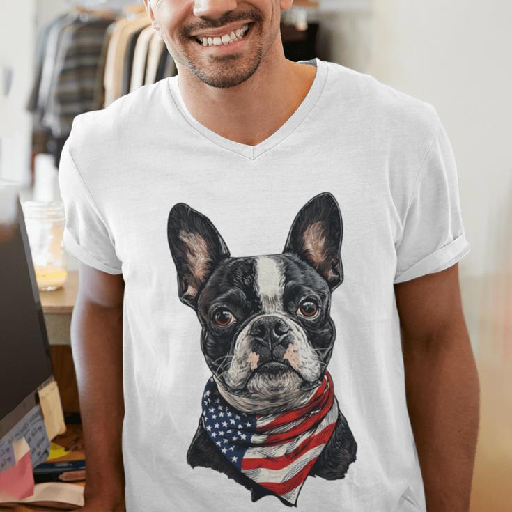 Boston Terrier American Flag Men's V-Neck T-Shirt, American Boston Terrier Shirts, funny gift
