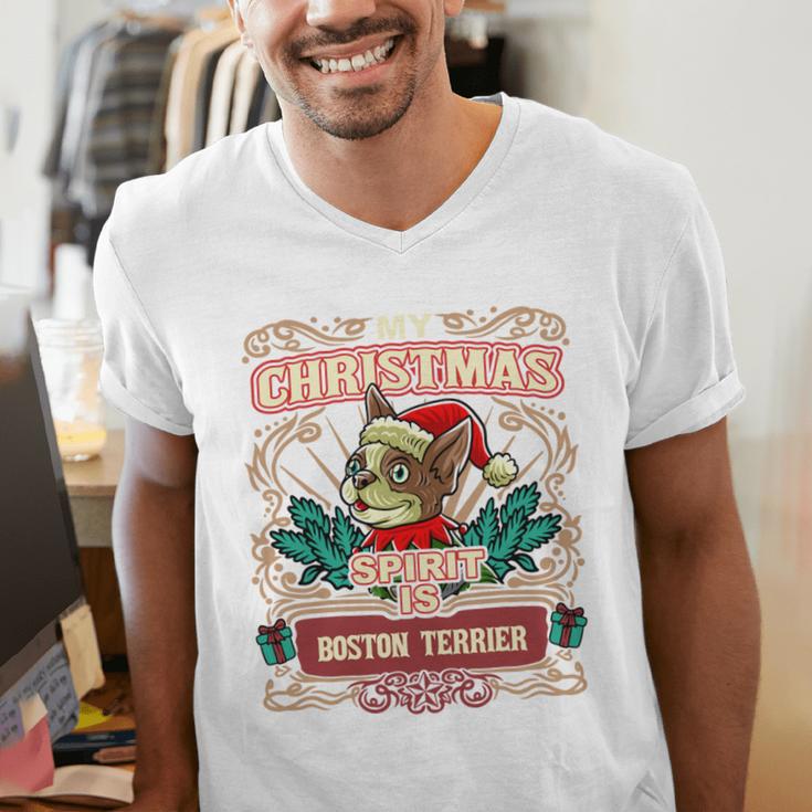 Boston Terrier My Christmas Spirit Dog Santa Claus X-Mas Men's V-Neck T-Shirt, Boston Terrier Christmas Shirts, funny gift
