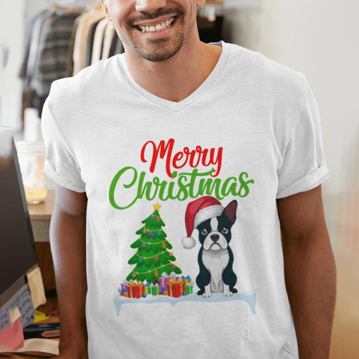 Boston Terrier Christmas Tree Lights Xmas Dog Lover Men's V-Neck T-Shirt, Boston Terrier Christmas Shirts, funny gift