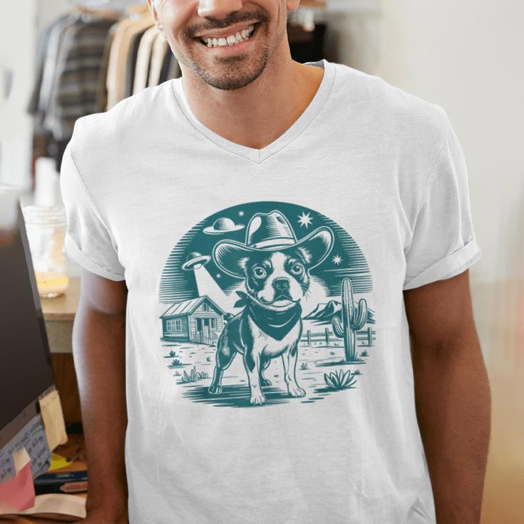Boston Terrier Cowboy UFO Shirt Vintage Western Dog Mom Tee Men's V-Neck T-Shirt, Boston Terrier Mom Shirts, funny gift