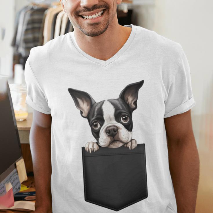 Boston Terrier Dog Puppy Dog In Pocket Cute Pet Lover Men's V-Neck T-Shirt, funny gift
