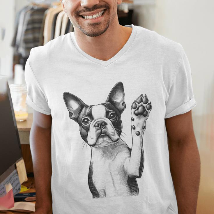 Boston Terrier Dog Raising Paw Idea Men Women Men's V-Neck T-Shirt, funny gift