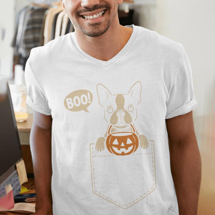 Boston Terrier Halloween Cute Bostie Dog Pocket Boo Men's V-Neck T-Shirt, Boston Terrier Halloween Shirts, funny gift