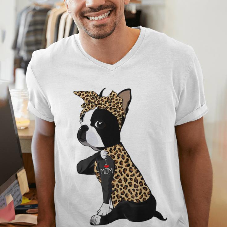 Boston Terrier Lover I Love Mom Tattoo Leopard Men's V-Neck T-Shirt, Boston Terrier Mom Shirts, funny gift