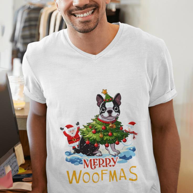 Boston Terrier Merry Christmas Tree Lights Dog X-Mas Dogs Men's V-Neck T-Shirt, Boston Terrier Christmas Shirts, funny gift