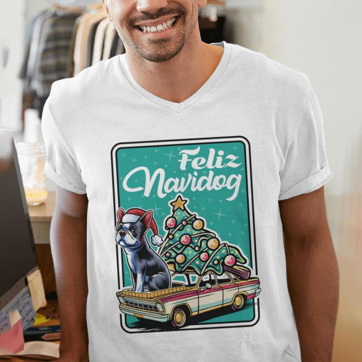 Boston Terrier Merry Christmas Tree Truck Dog X-Mas Men's V-Neck T-Shirt, Boston Terrier Christmas Shirts, funny gift