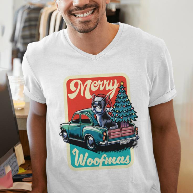 Boston Terrier Merry Christmas Tree Truck Santa Dog X-Mas Men's V-Neck T-Shirt, Boston Terrier Christmas Shirts, funny gift