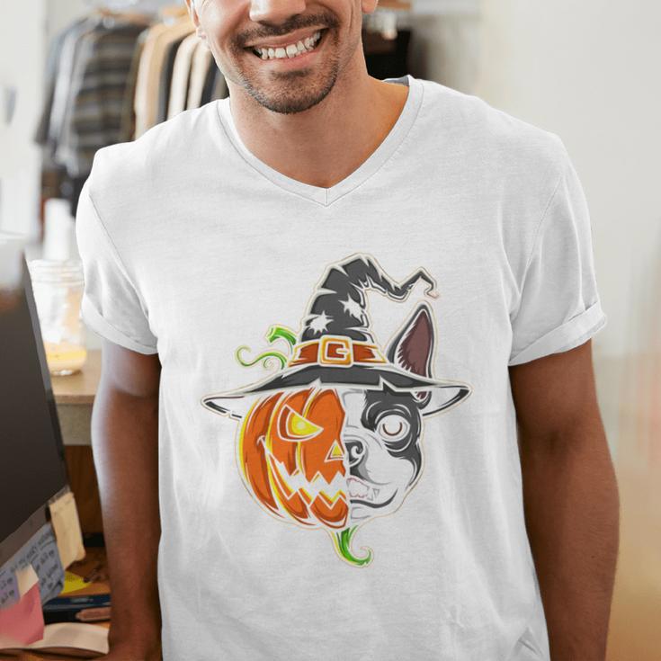 Boston Terrier Pumpkin Jack O Lantern Halloween Men's V-Neck T-Shirt, Boston Terrier Halloween Shirts, funny gift