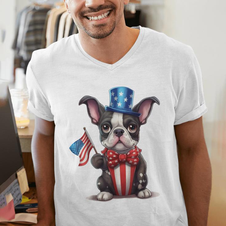 Boston Terrier Puppy Dog Holds His American Flag 4th Of July Men's V-Neck T-Shirt, American Boston Terrier Shirts, Boston Terrier 4th Of July Shirts, funny gift