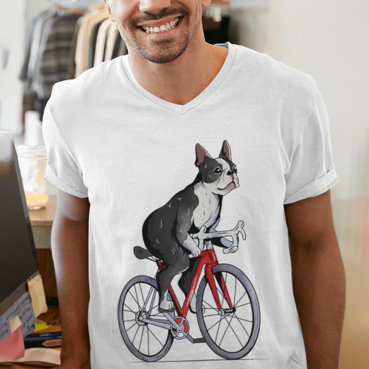 Boston Terrier Riding Bicycle Cute Bostie Biker Raglan Baseball Tee Men's V-Neck T-Shirt, Boston Terrier Riding Shirts, funny gift