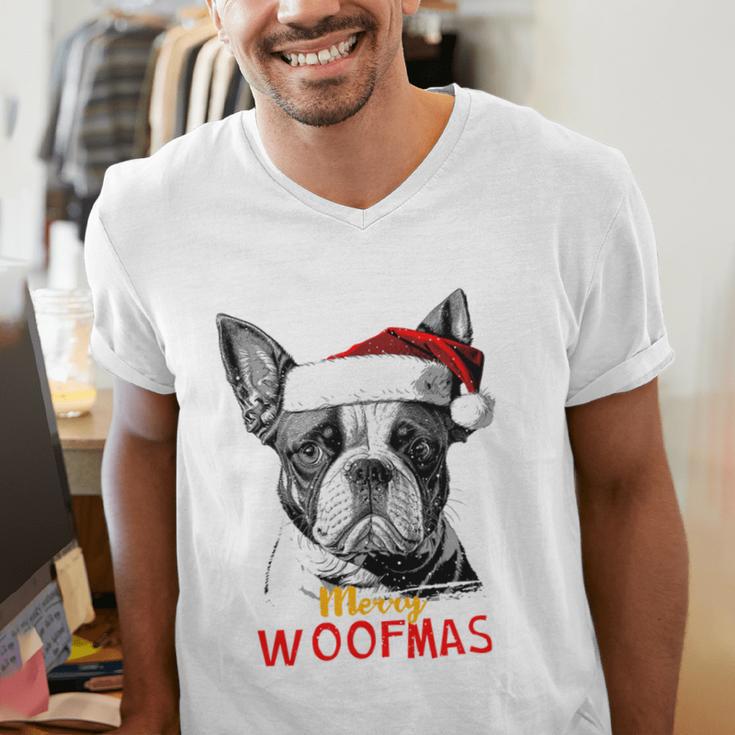 Boston Terrier Santa Claus Hat Merry Christmas Dog X-Mas Men's V-Neck T-Shirt, Boston Terrier Christmas Shirts, funny gift