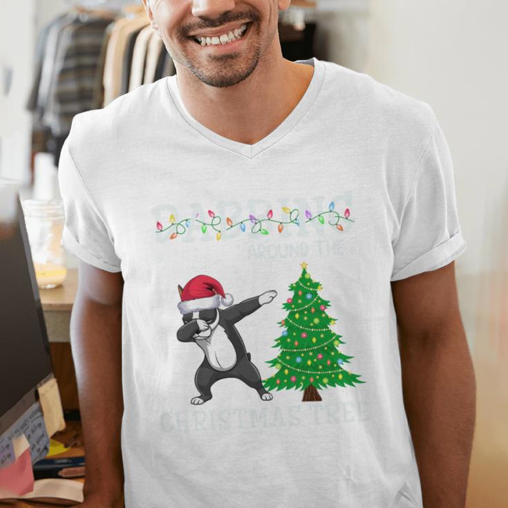 Boston Terrier Santa Hat Dabbing Around The Christmas Tree Men's V-Neck T-Shirt, Boston Terrier Christmas Shirts, funny gift