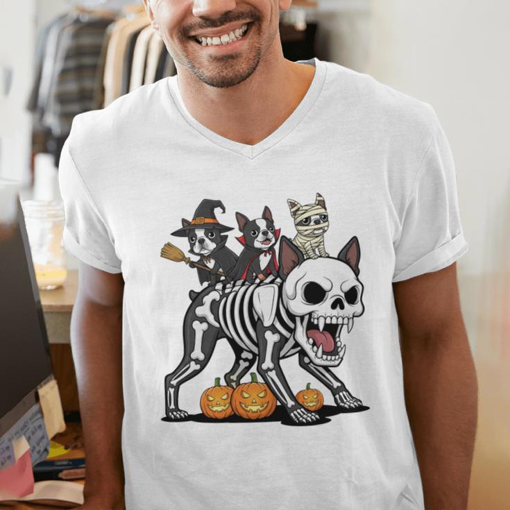 Boston Terrier Skeleton Mummy Witch Halloween Men's V-Neck T-Shirt, Boston Terrier Halloween Shirts, funny gift