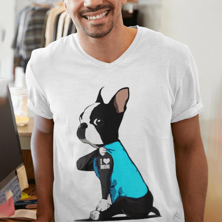 Boston Terrier Tattoos I Love Mom Men's V-Neck T-Shirt, Boston Terrier Mom Shirts, funny gift